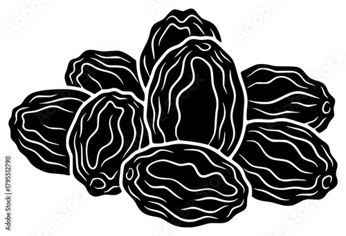 A black and white illustration of a cluster of nuts, black, fig, food, fruit, illustration, nut, pistachio, profile, raisin, white, against transparent background