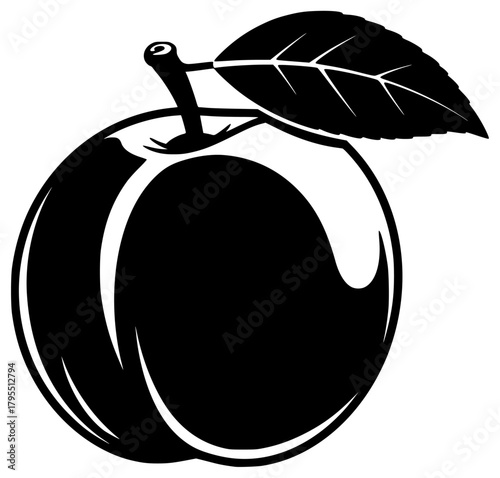 A black and white illustration of a fruit with a leaf, apple, apricot, black, fruit, illustration, leaf, peach, plum, profile, stem, against transparent background