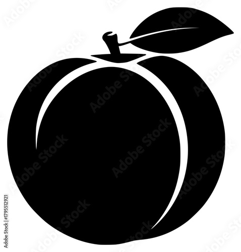 A black and white silhouette of a fruit with a leaf, apple, apricot, black, icon, illustration, leaf, nectarine, peach, plum, profile, against transparent background