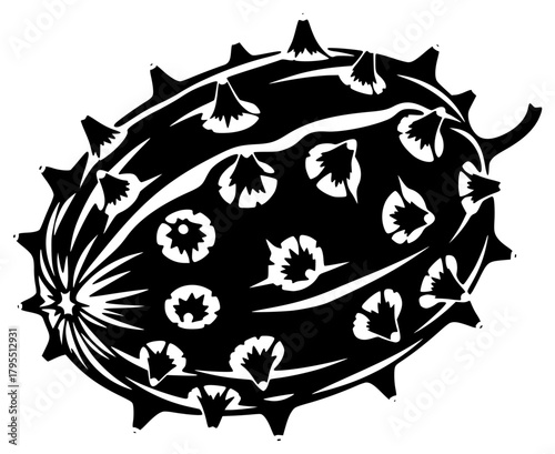 A black and white illustration of a puffer fish with floral patterns, black, design, flower, illustration, image, profile, spike, stab, white, against transparent background
