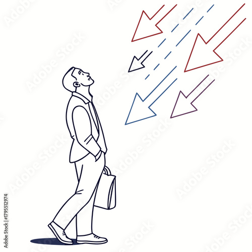 Businessman looking up at multiple arrows pointing down symbolizing challenges opportunities or decisions to be made