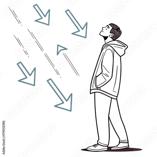 Young man in a hoodie looking up at multiple downward pointing arrows symbolizing challenges or negative influences