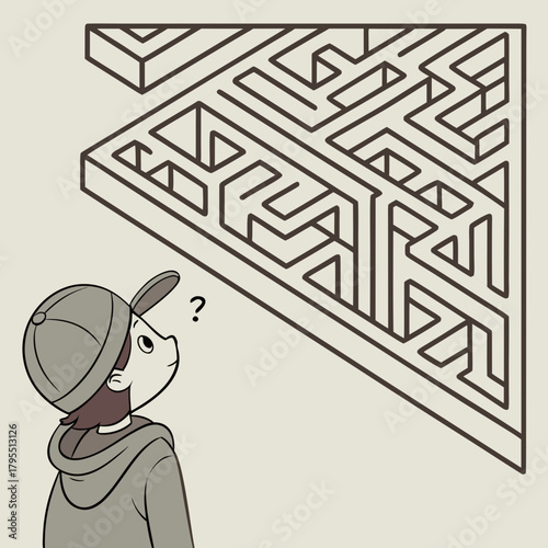 Young boy wearing a baseball cap and hoodie looks up at a complex triangular maze with a question mark above his head symbolizing confusion and a challenge ahead