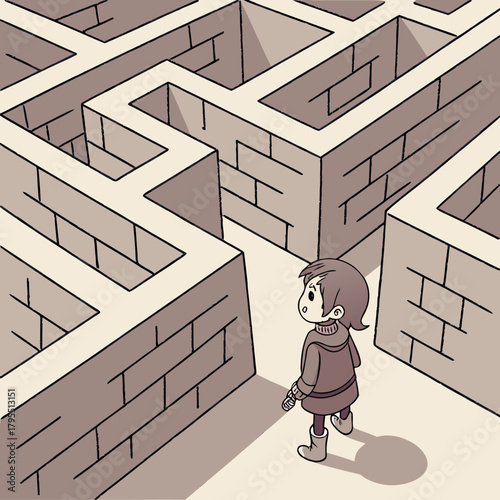 A young child with short brown hair stands at a crossroads within a complex brick maze looking confused and uncertain