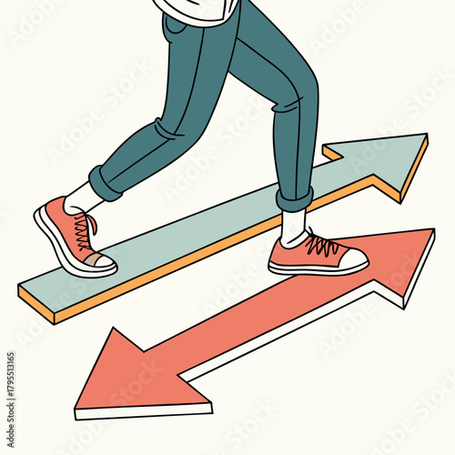 Person walking on two different colored arrows pointing in the same direction symbolizing choice and progress