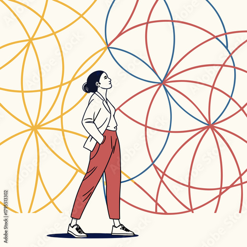 A confident woman in stylish red pants and a white blazer looks up at a vibrant geometric pattern of colorful circles