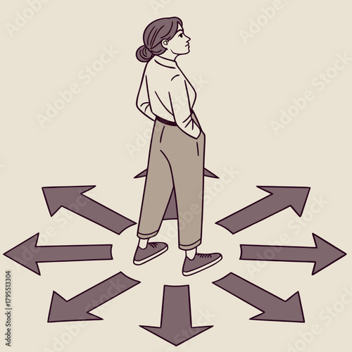 Woman standing at a crossroads with multiple arrows pointing in different directions representing choices