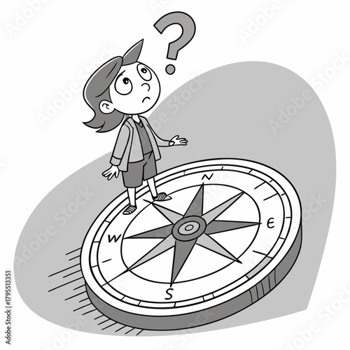 Confused child standing on a large compass looking up at a question mark symbolizing uncertainty and indecision