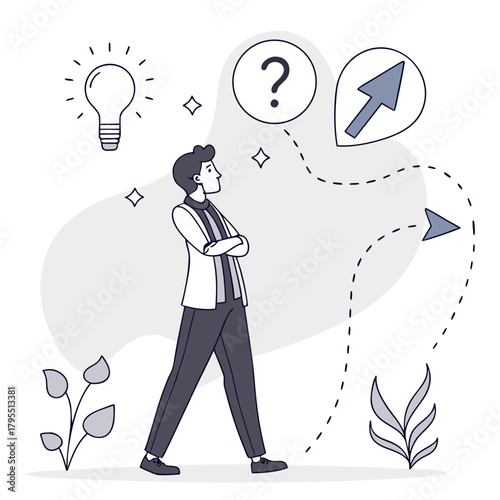 Man contemplating a question mark and an upward arrow representing a decision or idea