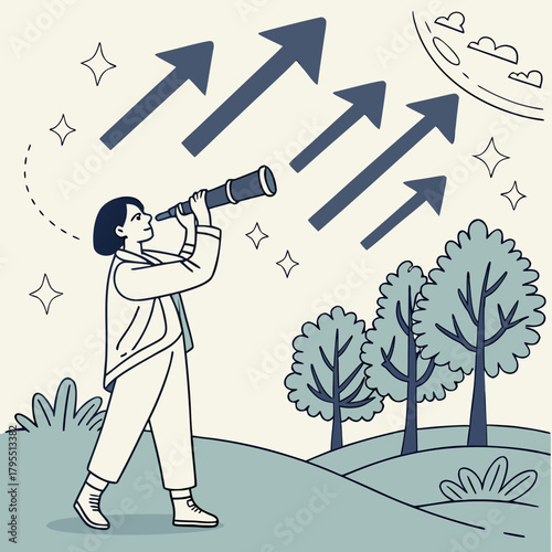 A person with a telescope looks towards the moon and upward trending arrows symbolizing growth and future success