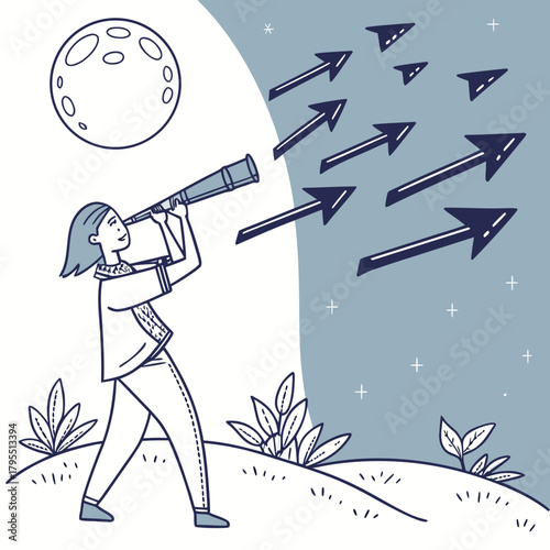 Young woman with telescope looking at the moon and a flock of arrows flying upwards towards the sky