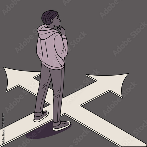 Person standing at a crossroads contemplating which path to take in life making a difficult decision