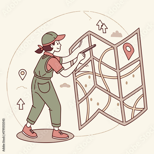 Young woman wearing a cap and overalls points to a large folded map with a pen planning a journey or adventure