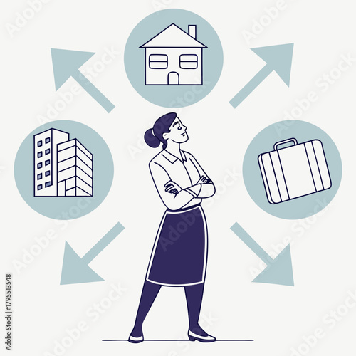 Woman contemplating career choices housing options and travel opportunities with directional arrows indicating different paths