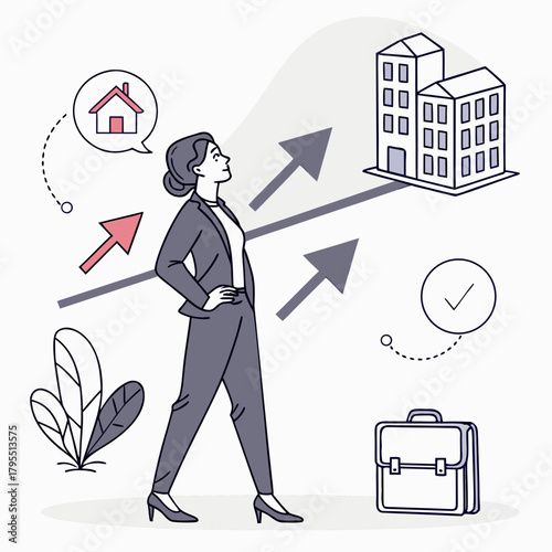 Businesswoman contemplating career growth and future opportunities with a house and office buildings in the distance