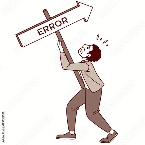 Confused businessman holding an arrow sign pointing towards the word error with a distressed expression on his face