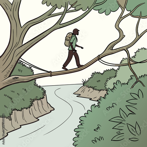 Adventurous hiker with backpack carefully walks across a fallen tree spanning a calm river in a lush jungle environment