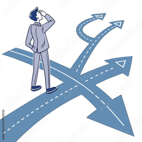Businessman standing at a crossroads contemplating multiple diverging paths and future direction choices