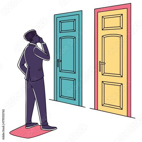 Man in suit contemplating which of two colorful doors to choose standing on a pink mat
