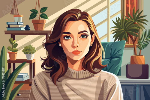 Beautiful woman in cozy sweater looking at home, relaxed lifestyle portrait with soft natural light, calm interior, and modern casual fashion photography concept.