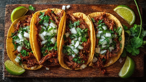 Top-down photo of Mexican barbacoa tacos, shredded slow-cooked beef, cilantro, onion, lime, rustic table background, authentic street food feel, Mexican Cuisine