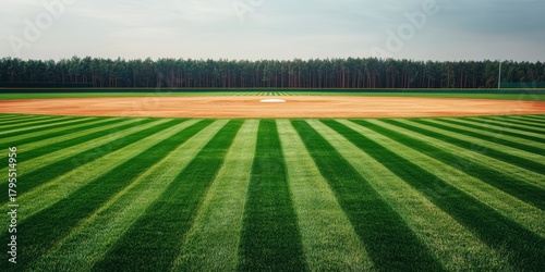A vibrant baseball field featuring meticulously striped grass and a backdrop of dense trees under a cloudy sky.