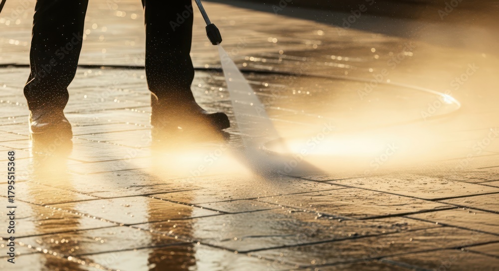 Fototapeta premium Closeup of a person pressure washing a tiled outdoor floor, creating a mist of water and highlighting the cleaning process