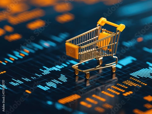 A digital shopping cart against a vibrant background of data analytics, symbolizing e-commerce and online shopping trends.