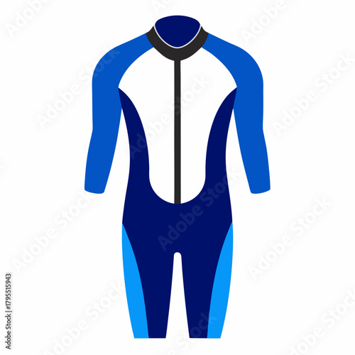 A stylized, flat illustration of a long-sleeved, full-body wetsuit in shades of blue, white, and black.