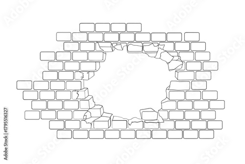 Broken brick wall with a large hole in the center creating a void