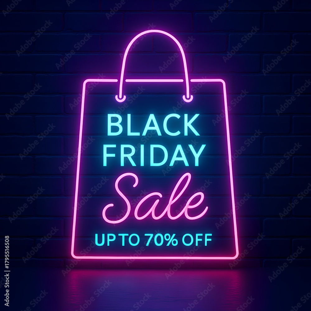 Obraz premium Black Friday Sale Neon Shopping Bag Sign with Up To 70 Percent Off on Dark Brick Wall