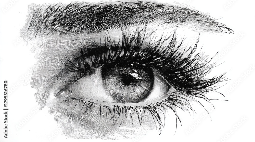 Obraz premium Detailed grayscale drawing of a human eye with long lashes and brow.
