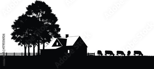 Rural farm silhouette, black illustration, grazing cows, farmhouse scene, tree line, pasture field, countryside view, livestock landscape, peaceful nature, agriculture