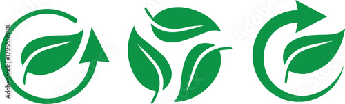 eco friendly green leaf recycling sustainability icons set with circular arrows and natural organic symbols for environmental conservation