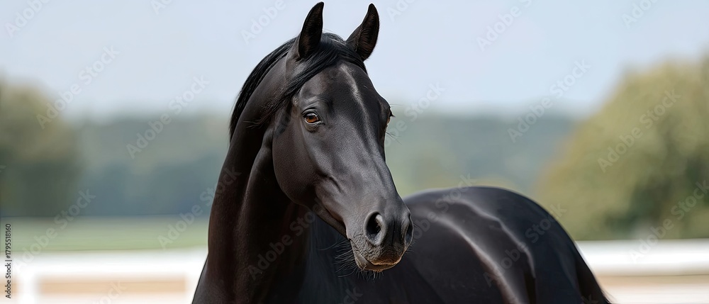 Obraz premium Close-up portrait of a white American paint horse in a serene farm setting against a clear blue sky