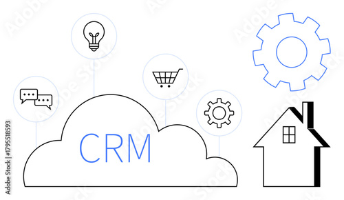 CRM cloud surrounded by a chat bubble, light bulb, shopping cart, gear, and house. Ideal for customer management, technology, communication innovation e-commerce automation home systems. A simple