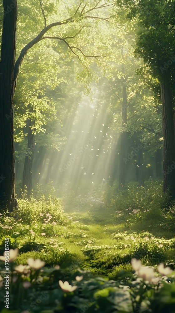 Fototapeta premium Sunbeams illuminate a lush green forest path with wildflowers woods nature photo