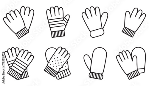 Minimalist winter glove and mitten line icon set for warm clothing themes