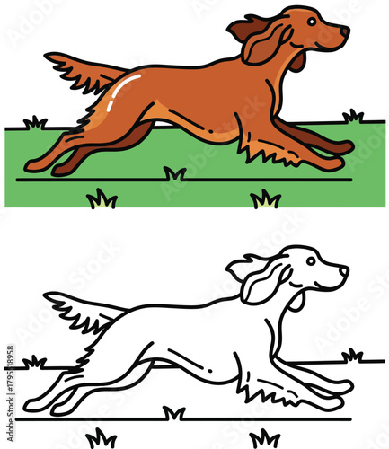 A charming cartoon illustration of a lively Irish Setter running across a grassy field, perfect for children's books or pet-related designs.