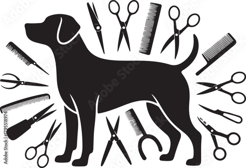 Dog grooming silhouette with tools and scissors illustration