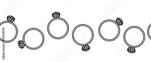 Circular wreath of ring with diamond Valentine's Day seamless border horizontal. Vector graphic line black and white illustration. For poster, flyer, banner, invitation, social media, party or sale
