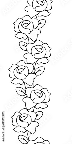 Roses Valentine's Day seamless border vertical. Vector graphic line black and white illustration. Silhouette sign for logo, print, comics, fashion, pop art, boards, design, stickers, decoration