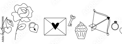 Valentine's Day seamless border horizontal. Vector graphic line black and white illustration. Envelope, rose, ring, cupcake, cherry Banner, poster, wrapping paper, sticker, print, modern textile