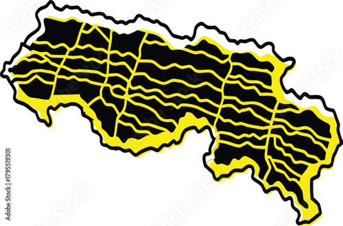 Detailed map illustration showcasing regional divisions with vibrant yellow lines, perfect for geographic studies, educational materials, and travel guides, detailed cartography