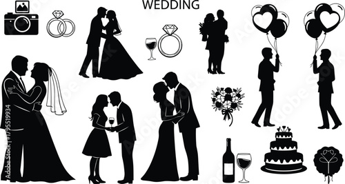 Wedding celebration silhouette, romantic icons, bride groom dancing, rings, cake, balloons, wine glasses, bouquet, camera, love, photography, toast, romance