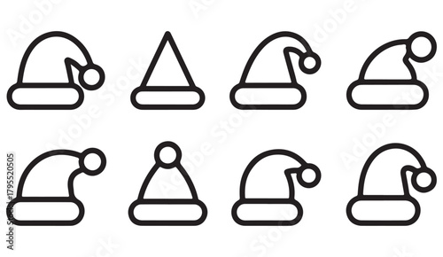 Outline vector illustrations of festive Santa caps and winter holiday headwear