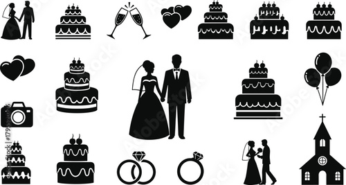 Wedding silhouette illustration, romantic icons, bride groom holding hands, rings, cakes, balloons, champagne glasses, hearts, church, camera, love, celebration