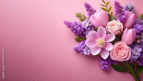 a bouquet of pink and purple blossoms on a pink background evokes the beauty of spring flowers