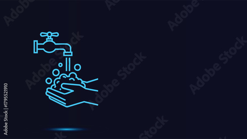 Glowing Neon Blue Outline Icon Depicting Hand Washing Under a Faucet with Soap Suds and Bubbles Against a Dark Background - Essential Hygiene and Sanitation Procedure Vector Illustration