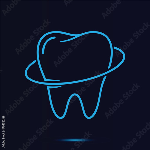 Professional Monoline Vector Illustration of a Healthy Molar Tooth Encased in a Protective Blue Orbit Symbolizing Advanced Dental Care and Oral Hygiene Services for Modern Health Branding